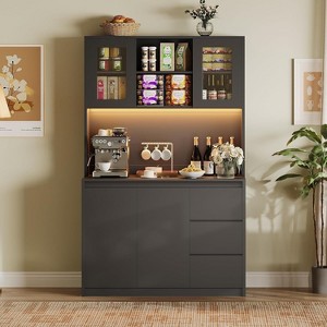 Kitchen Pantry Cabinet with Charging Station, LED Lights & Glass Doors, Tall Storage Cabinet - 1 of 4