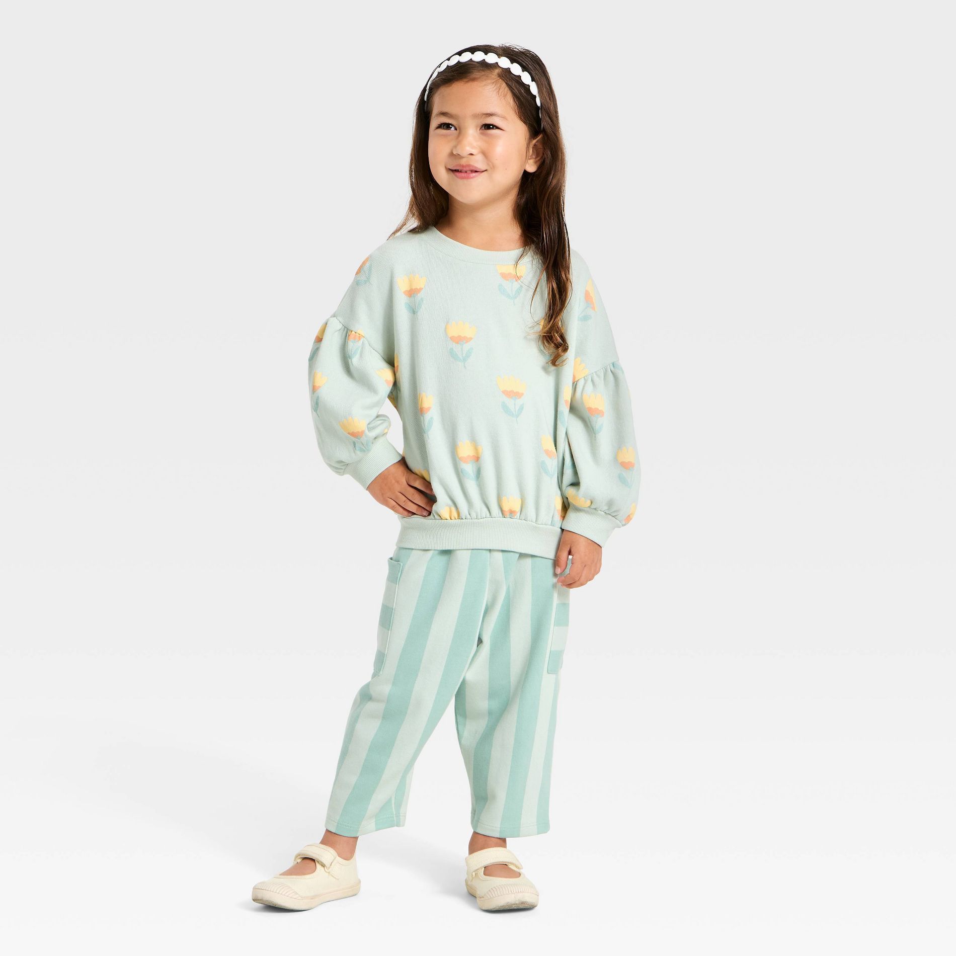 Toddler Girls' Flower Pullover Sweater and Pull-On Pants Set - Cat & Jack™ Mint Green