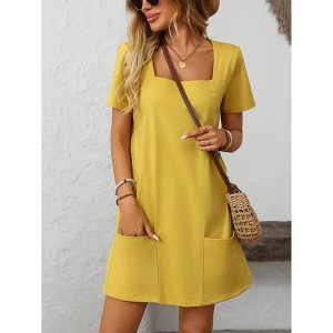 Womens Solid Color Casual Summer Square Neck Short Sleeve Mini Dresses with Pockets - 1 of 4