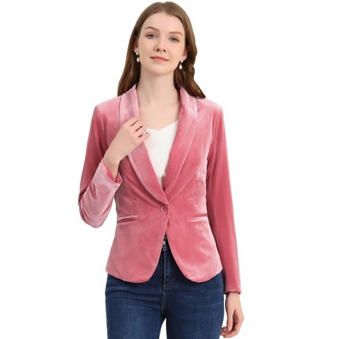 Allegra K Women s Solid Shawl Collar 1 Button Velvet Office Blazer Pink X Large