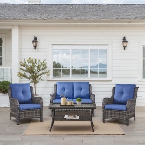 Buenhomino 4 Pieces Patio Conversation Set Outdoor Rattan Patio Furniture Set Wicker Chair with Thick Cushion and Glass Table for Patio Backyard Porch - 1 of 4