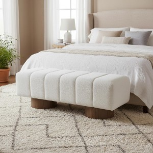 Homy Casa Upholstered Dining Bench with Boucle Fabric Seat and Wood Legs, Modern No-Assembly Entryway or Bedroom Bench, White - 1 of 4