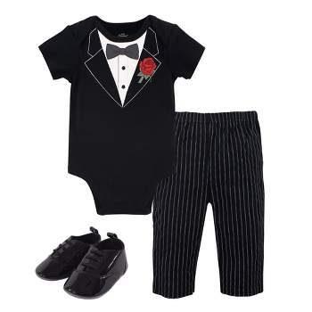 Little Treasure Baby Boy Cotton Bodysuit, Pant and Shoe 3pc Set, Tuxedo Rose