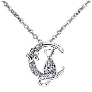 Cat on Moon Necklace for Women Kitten Pendant and Chain Cubic Zirconia Ginger Lyne Collection - 1 of 4