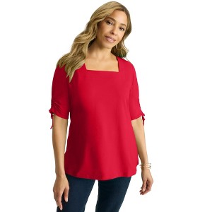 Jessica London Stretch Cotton Tie Sleeve Square Neck Tee - 1 of 4