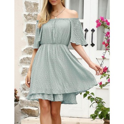 WhizMax Women Summer Off Shoulder Dress Prom Elastic Waist Flowy Dress Casual Tunic Swing Babydolll Mini Layered Skater Dress
