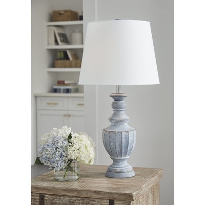 Antiqued Blue Terra Cotta Table Lamp with Fabric Shade