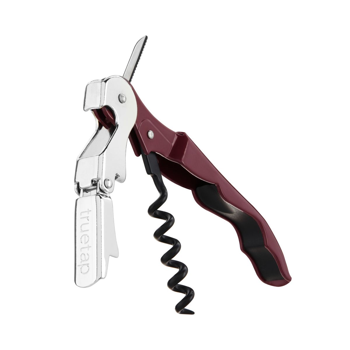 True Truetap Double Hinged Corkscrew Wine Opener, Stainless Steel Wine Key, Built-in Bottle Opener & Foil Cutter, Home Bar Gifts, Travel, Burgundy
