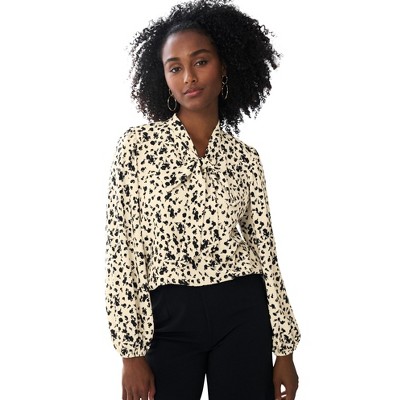 ellos Women's Plus Size Textured Knit Long Sleeve Tie-Neck Top
