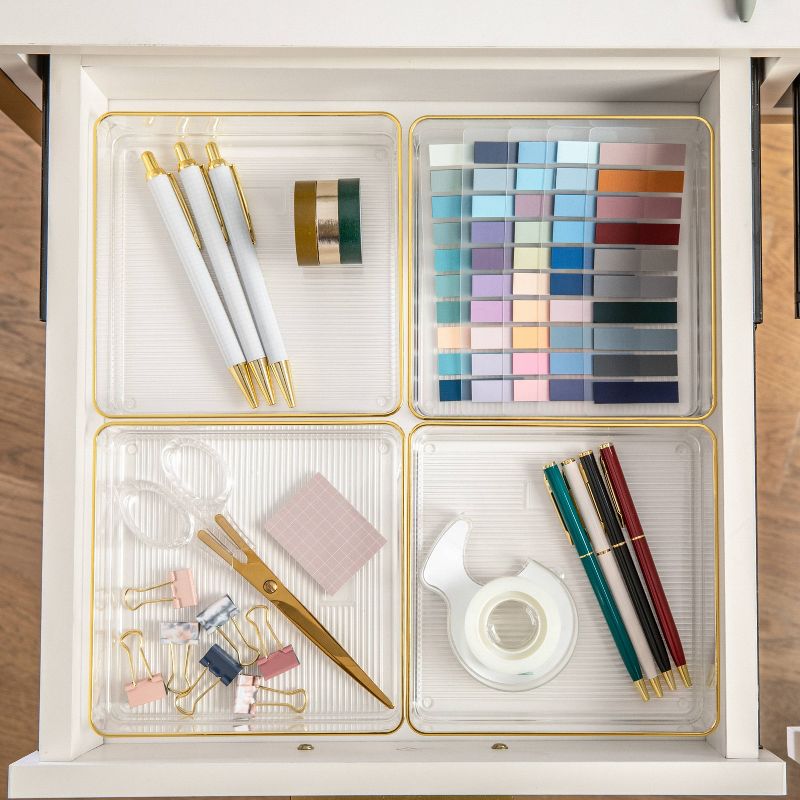 Martha Stewart 6&#34; x 6&#34; 4pc Plastic Stackable Office Desk Drawer Organizers with Gold Trim Clear, 3 of 11