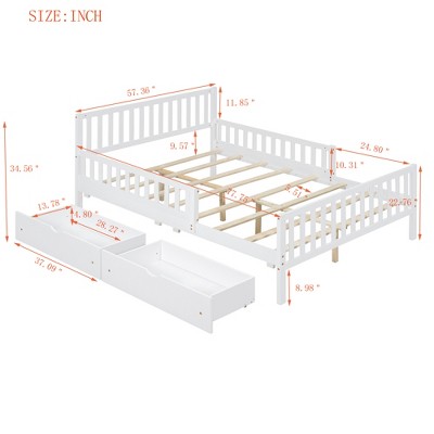 Vynxaria Twin Size Wood Platform Bed with Guardrails and Two Storage Drawers in White