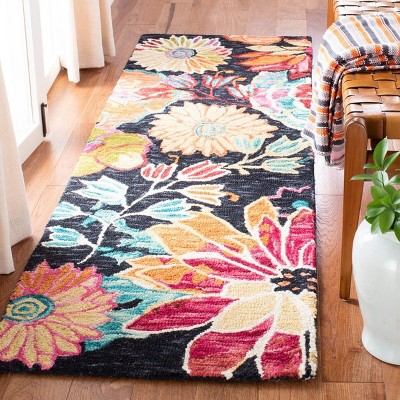Handmade Rustic-Chic Blue Floral Wool Rug - 27" x 8"