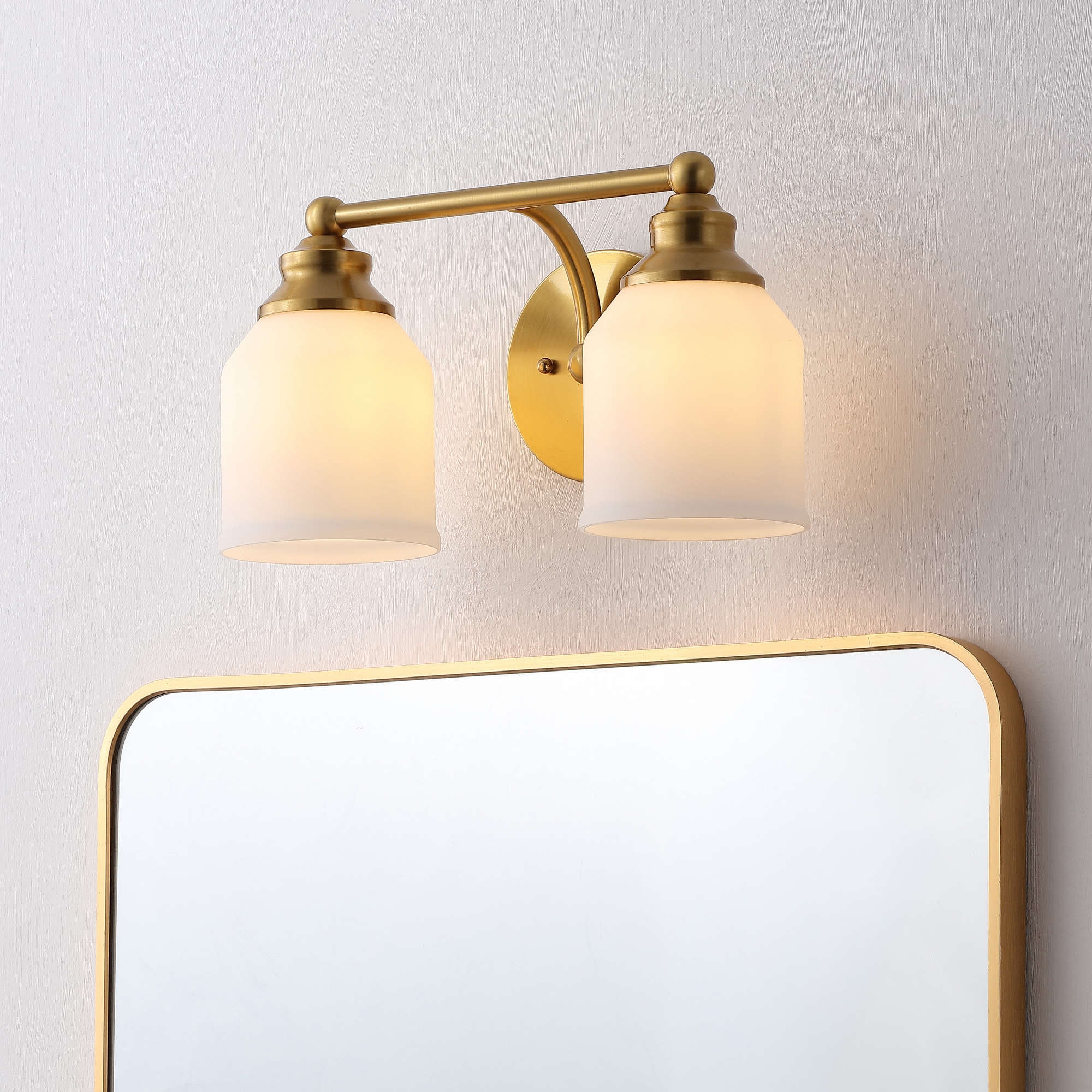 JONATHAN Y Lydia 14" 2-Light Iron/Frosted Glass Farmhouse Cottage LED Vanity Light, Brass Gold