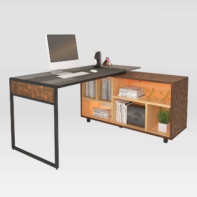 Elegant Rustic Oak L-Shaped Desk with Glass Top & Storage
