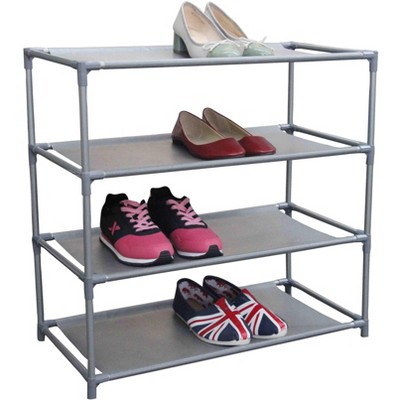 4-Shelf Closet Shoe Rack with Natural Wood Frame and Chrome Wire Shelves