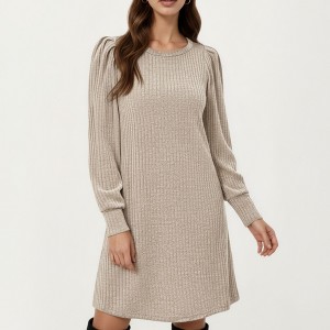 Anna-Kaci Women's Ribbed Knit Long Sleeve Dress with Puff Shoulder Detail and Relaxed A-Line Silhouette - 1 of 4