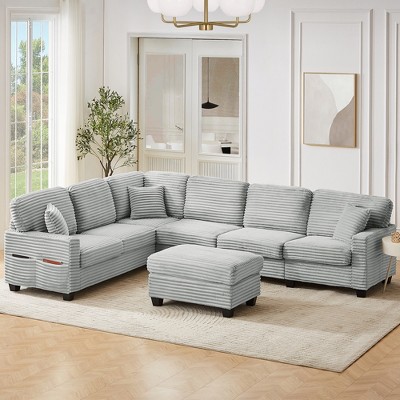 ModernLuxe Upholstered L-shaped Sofa Sectional Sofa with Movable Ottoman & Side Storage Pockets, Black/Gray/Green