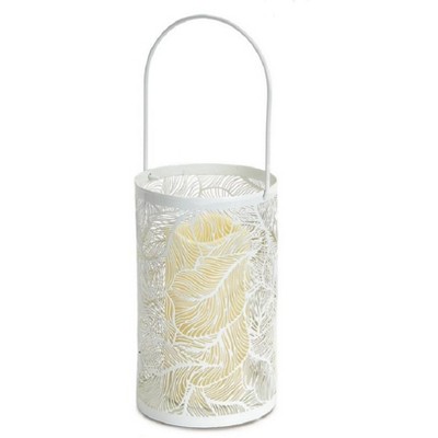 Melrose 8" White Leaf Patterned Battery Operated LED Candle Lantern with Timer