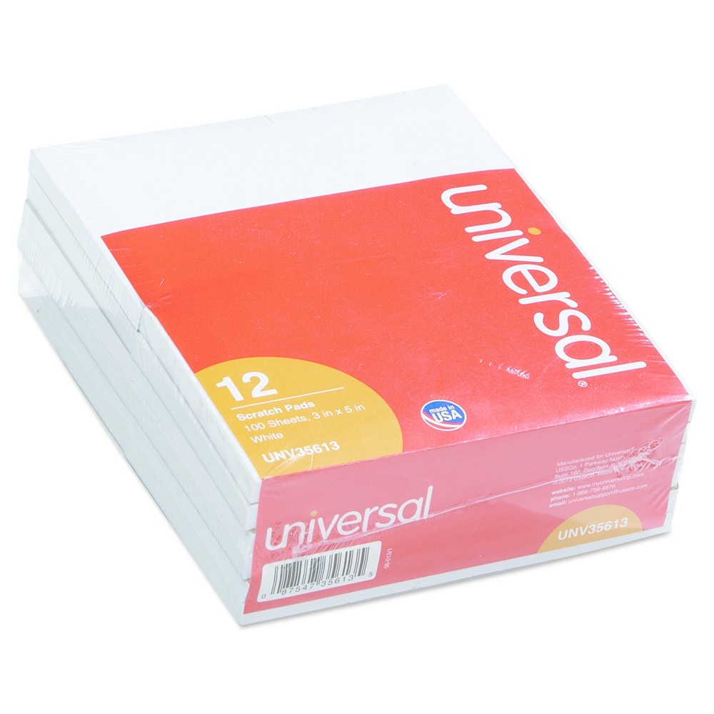 Universal Scratch Pads  Unruled  3 x 5  White  100 Sheets  12/Pack -UNV35613