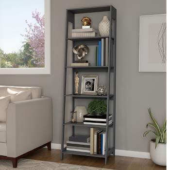 Lavish Home 5-Tier Wooden Ladder Bookshelf – Freestanding Leaning Look, Gray