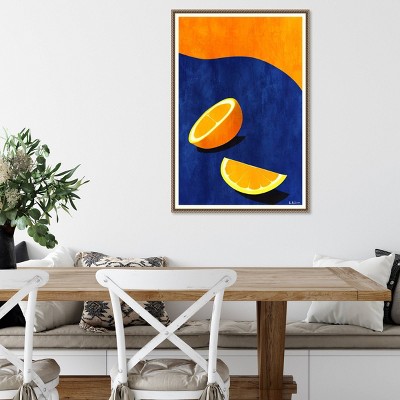 Large Orange and Blue Abstract Citrus Canvas Art with Beaded Frame