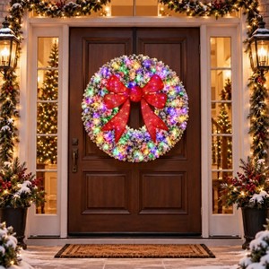 Snow-Flocked Pre-Lit Christmas Wreath with 200 LED Lights, 11 Lighting ...