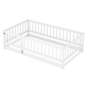 SEVOBAL Kids Bedroom Furniture Montessori Floor Bed With Fence Door and No Box Spring Needed for Kids or Teenagers, White, 80.31"*16.73"*5.12" - 1 of 4
