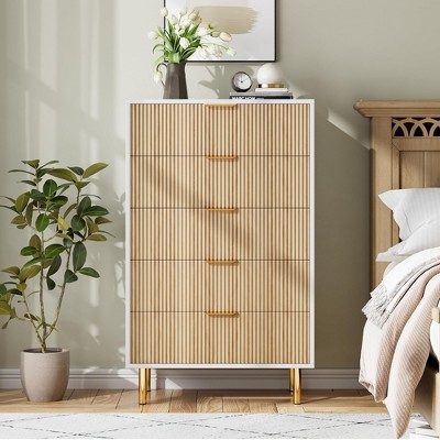 Modern 5 Drawer Dresser for Bedroom with Gold Handle and Large Drawer, Wood Double Chest of Drawers and Storage Organizer