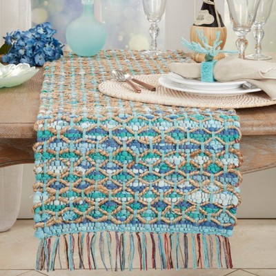Handwoven Blue and Beige Chindi Table Runner, 16&quot;x72&quot;