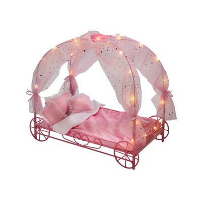Badger Basket Royal Carriage Metal Doll Bed with Canopy Bedding and LED Lights - Pink/White/Stars