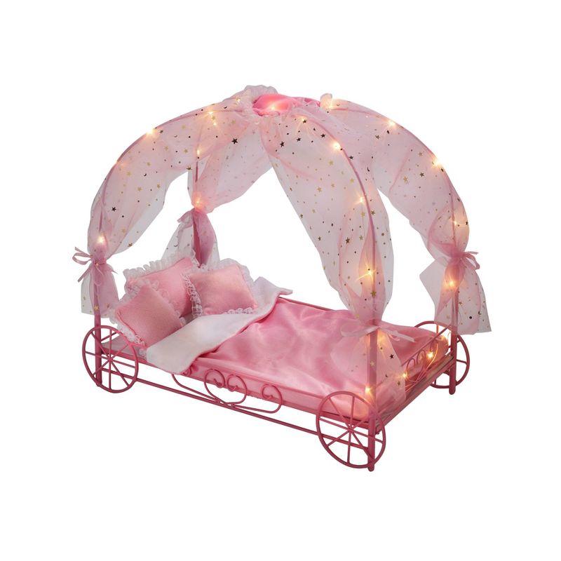 Badger Basket Royal Carriage Metal Doll Bed with Canopy Bedding and LED Lights - Pink/White/Stars, 1 of 13
