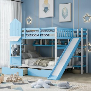 Polibi Castle-Inspired Full-Over-Full Bunk Bed with Slide, Staircase Storage & Dual Drawers - 1 of 4