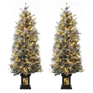 4.5ft Prelit Artificial Christmas Trees with Lights, Berry Clusters, Snowman Base, Holiday Decor - 1 of 4