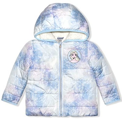 Disney Girl's Frozen Hooded Puffer Jacket, Zip Up Hoodie with Soft Interior for kids