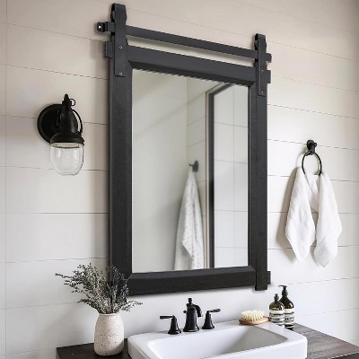 Barn Door Vanity Mirror with Solid Wood Frame for Farmhouse Bathroom and Living Room Decor