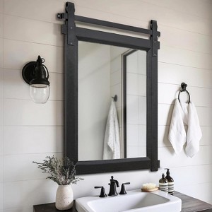 Barn Door Vanity Mirror with Solid Wood Frame for Farmhouse Bathroom and Living Room Decor - 1 of 4