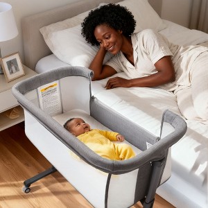 Kinder King Baby Folding Bassinet w/Wheels,Portable Newborn Bedside Sleeper All-Sided Mesh Infant Crib Removable Soft Mattress - 1 of 4