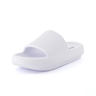 CUSHIONAIRE Feather Slides – Comfortable Cloud Cushion House Slippers for Women, Indoor Outdoor EVA Foam Foot Spa Shower Shoes, Non-Slip Arch Support