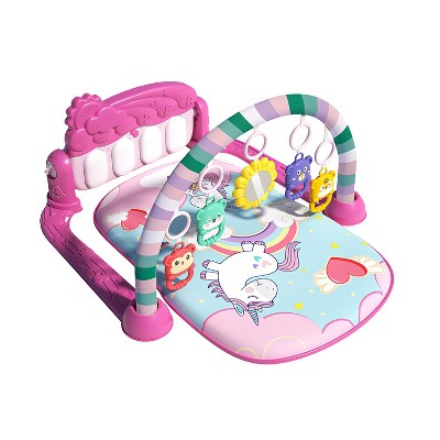 Babyluv "2-in-1 Baby Gym Play Mat with Tummy Time, 5 Rattle Toys, 422 Melodies, Dinosaur & Unicorn Theme"Pink