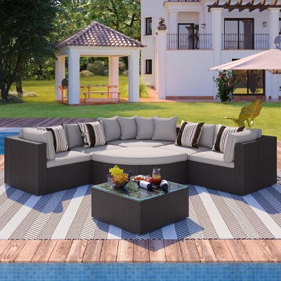 7-Piece Wicker Patio Conversation Set, All-Weather Rattan Sofa with Coffee Table, Thick Cushions, Colorful Pillows - Maison Boucle
