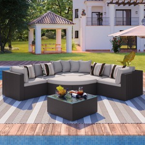 7-Piece Wicker Patio Conversation Set, All-Weather Rattan Sofa with Coffee Table, Thick Cushions, Colorful Pillows – Maison Boucle - 1 of 4