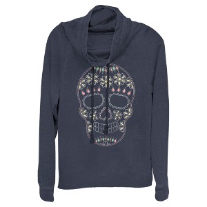 Juniors Womens Lost Gods Halloween Sugar Skull Cowl Neck Sweatshirt - 1 of 4