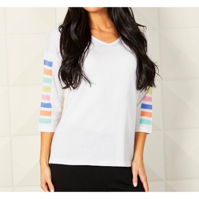 Women's 3/4 Sleeve Stripe V Neck Top - ANGEL