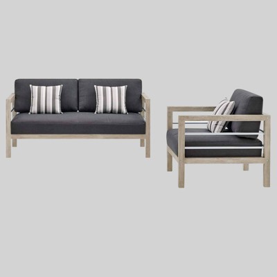 2pc Wiscasset Patio Acacia Wood Loveseat & Armchair Set - Light Gray - Modway