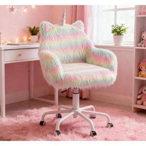 Fuzzy Kids Desk Chair with Adjustable Height and Swivel Base, Plush Upholstered Unicorn Office Chair for Study or Playroom -3irtyhousy - 1 of 4
