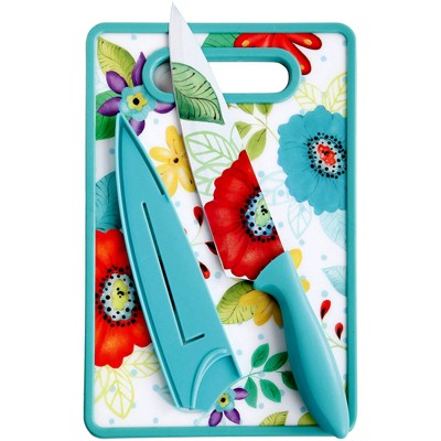 Gibson Studio California Jordana 3 Piece Cutlery Knife and Cutting Board Set in Turquoise Floral Pattern