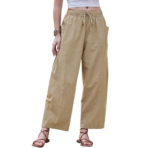 INSPIRE CHIC Women's Wide Summer Casual Elastic Waist Drawstring Cotton Trousers with Pockets - 1 of 4