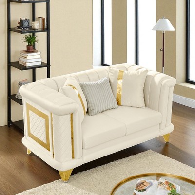 69" Velvet Loveseat with Gold Stainless Steel Trims, Embroidered Texture & 3 Exquisite Pillows, Mid-Century Modern Victorian Tufted Sofa for Home