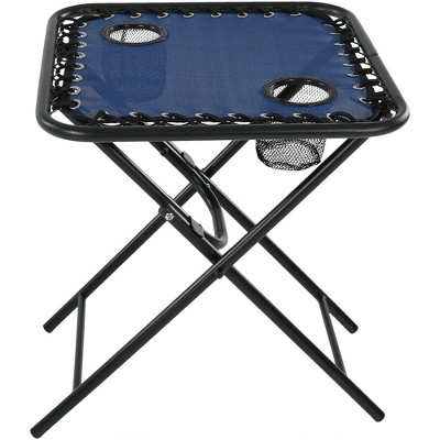 Sunnydaze Weather-Resistant Lightweight Outdoor Folding Sling Side Table with Mesh Drink Holders - Navy Blue