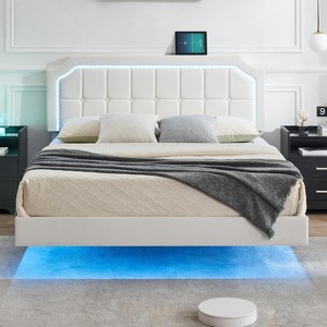 Floating Bed Frame with Led Lights Modern Upholstered Platform Bed Frame No Box Spring Needed Easy Assembly Grey - 1 of 4